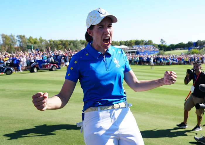 Carlota Ciganda celebrates the Europeans’ retainment of the Solheim Cup.